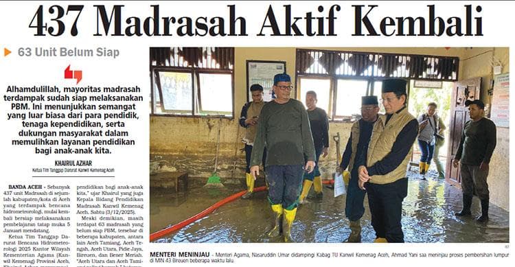 437 Madrasah Aceh Siap PBM, 63 Unit Masih Terendam Lumpur dan Material Banjir