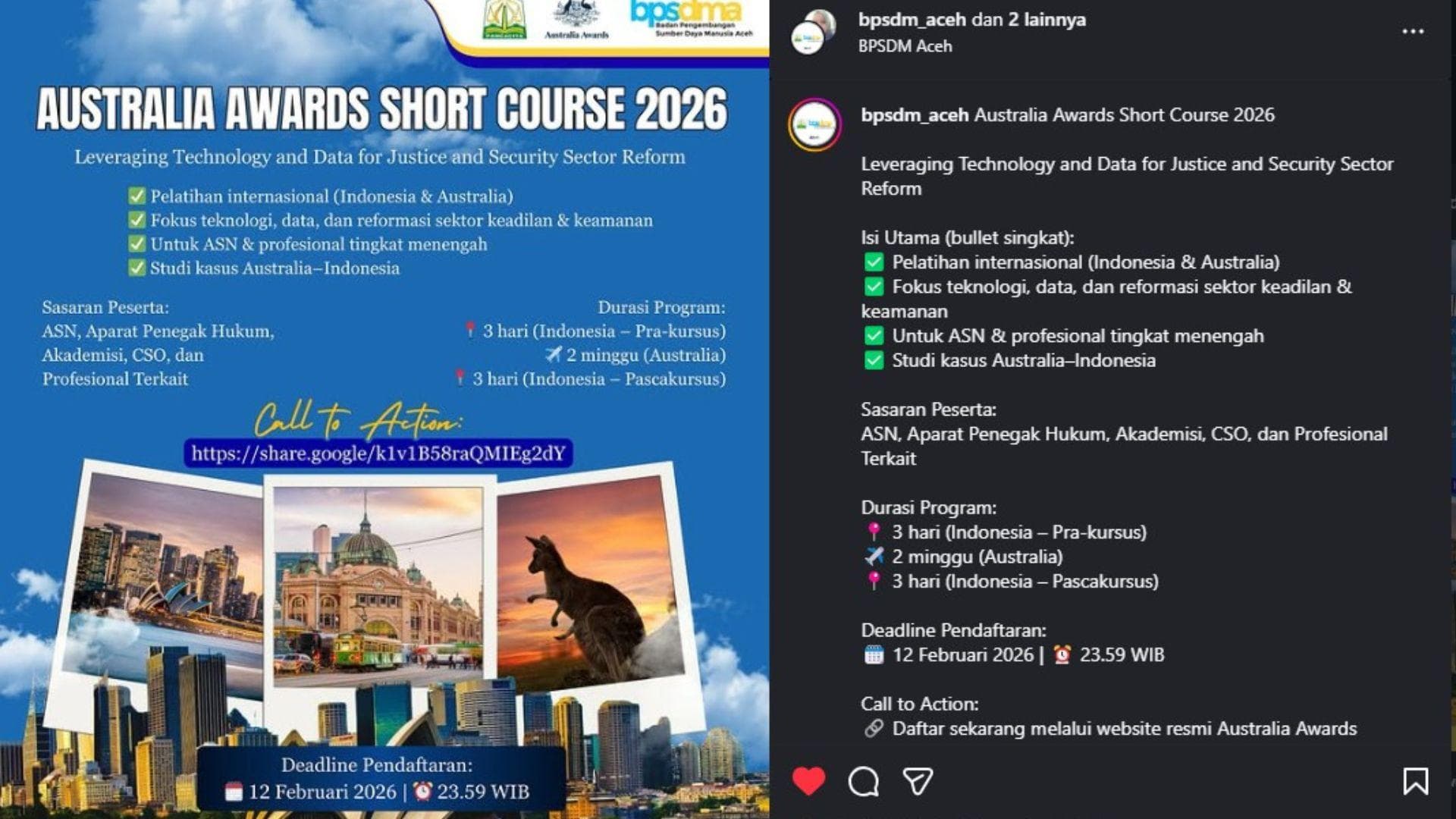 Pelatihan Internasional Australia Awards 2026 untuk Reformasi Keamanan Aceh