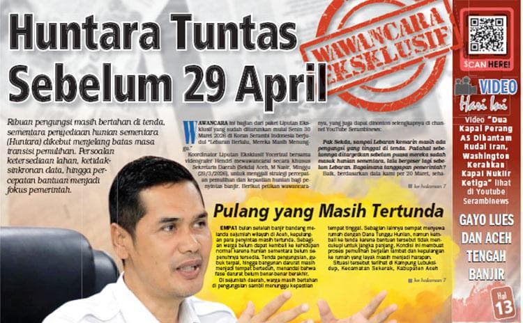 4.748 KK Aceh Masih di Tenda, Huntara Ditargetkan Tuntas 29 April