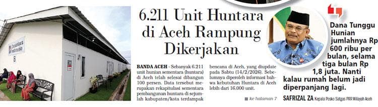 6.211 Unit Huntara di Aceh Rampung, Warga Diminta Pindah dari Tenda