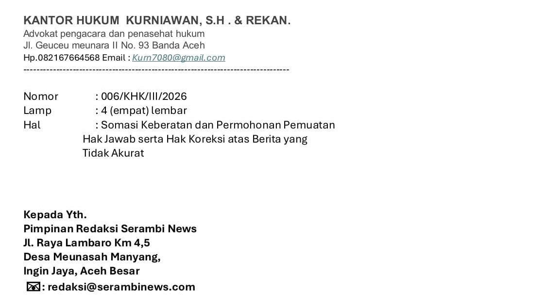 Yayasan Pocut Firdaus Samalanga Ajukan Hak Jawab atas Berita Wakaf Tanah Tun Sri Lanang