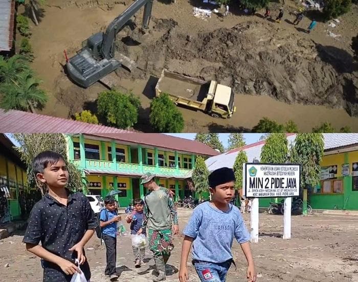 TNI Bersihkan Lumpur di MIN 2 Pidie Jaya, Murid Kembali Tersenyum