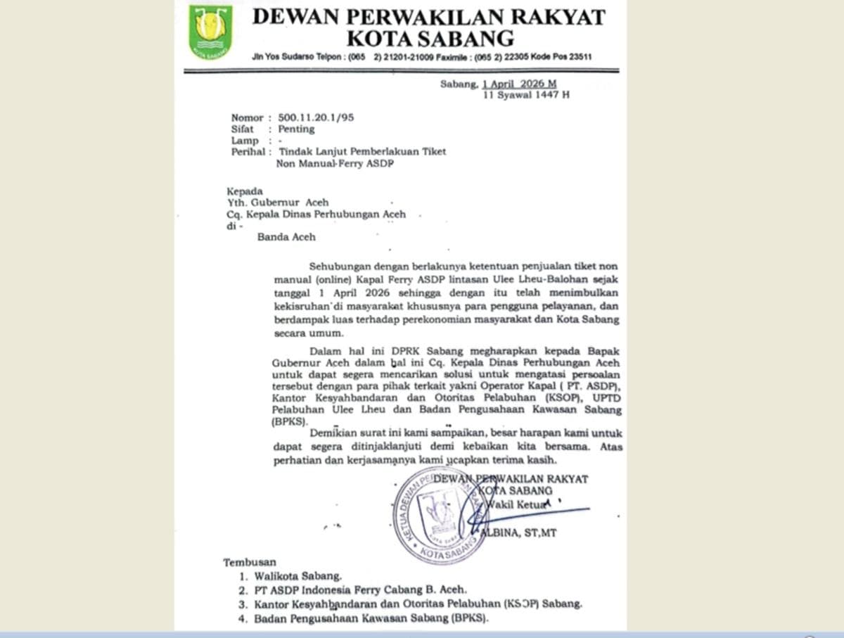Tiket Online Feri Balohan-Ulee Lheue Picu Kekisruhan, DPRK Sabang Desak Evaluasi