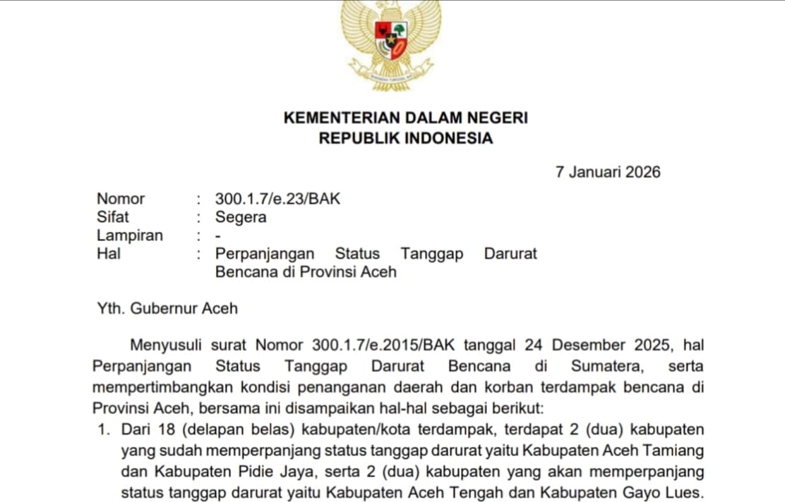 Kemendagri Rekomendasikan Perpanjangan Status Tanggap Darurat Bencana di Aceh