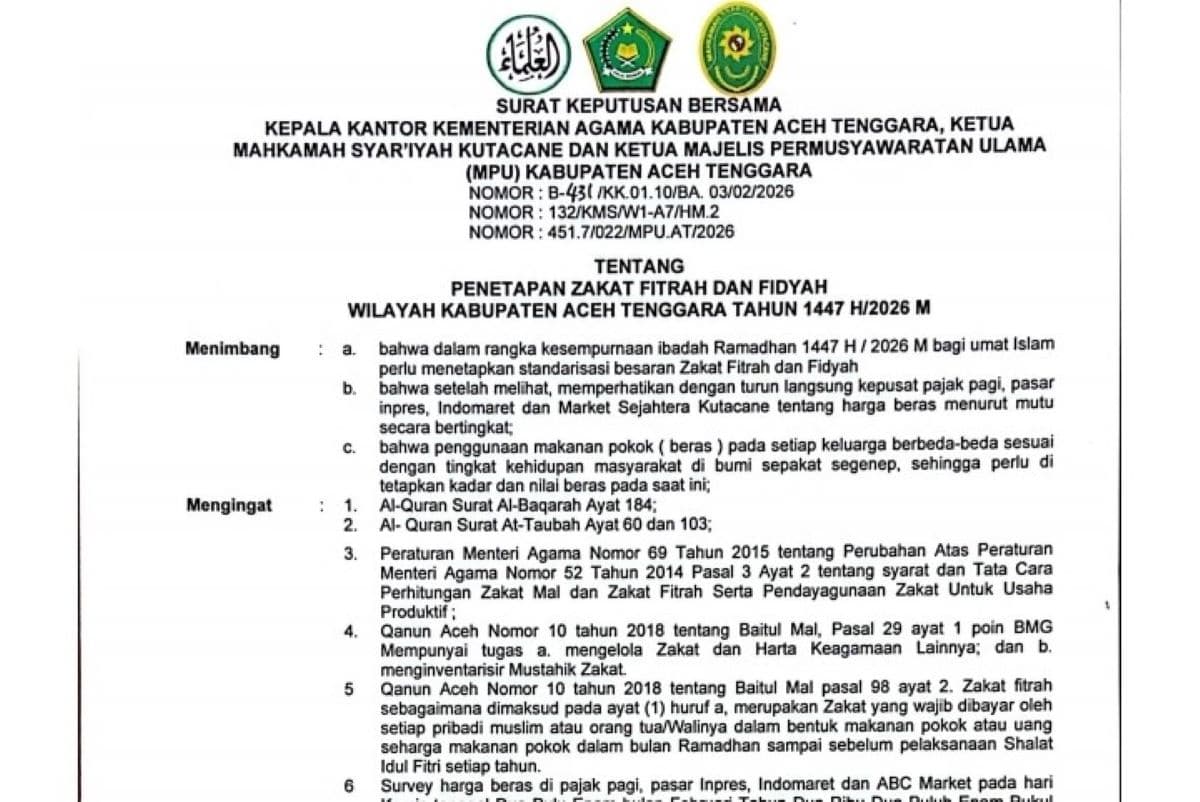 Zakat Fitrah Aceh Tenggara Tetap 2,8 Kg Beras per Jiwa untuk 1447 H