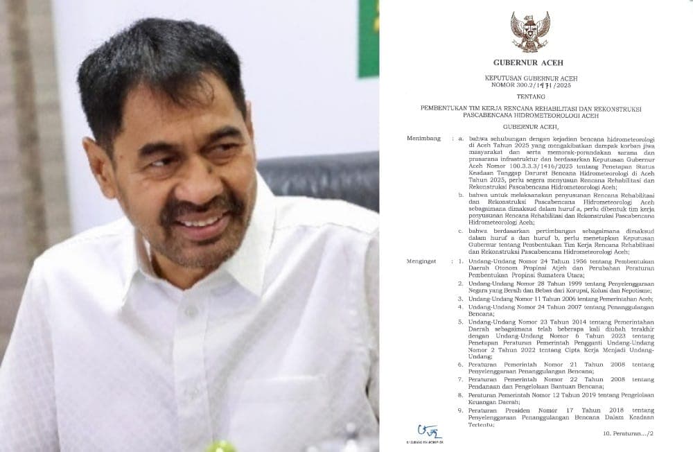 Mualem Bentuk Tim R3P Pascabencana Hidrometeorologi Aceh, Ketua DPRA dan Wagub Tak Masuk Struktur