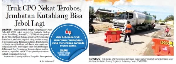 Truk CPO Nekat Tabrak Barikade Jembatan Kutablang, Ancaman Keselamatan Publik
