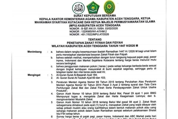 Zakat Fitrah Aceh Tenggara Tetap 2,8 Kg Beras per Jiwa untuk 1447 H