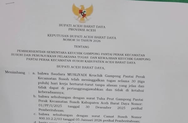 Keuchik Pantai Perak Abdya Diberhentikan Sementara, Ali Murtaza Jadi Plt