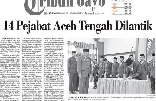 14 Pejabat Aceh Tengah Dilantik untuk Percepat Pemulihan Pasca Bencana