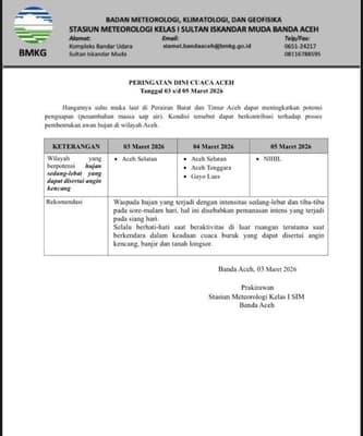 BMKG Peringatkan Hujan Lebat Aceh Selatan 3–4 Maret 2026, Waspada Banjir dan Longsor