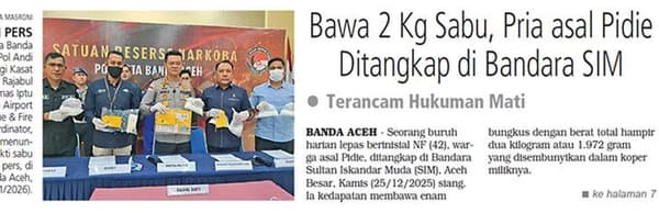 Buruh Pidie Tangkap Sabu 2 Kg di Bandara SIM, Ancam Hukuman Mati