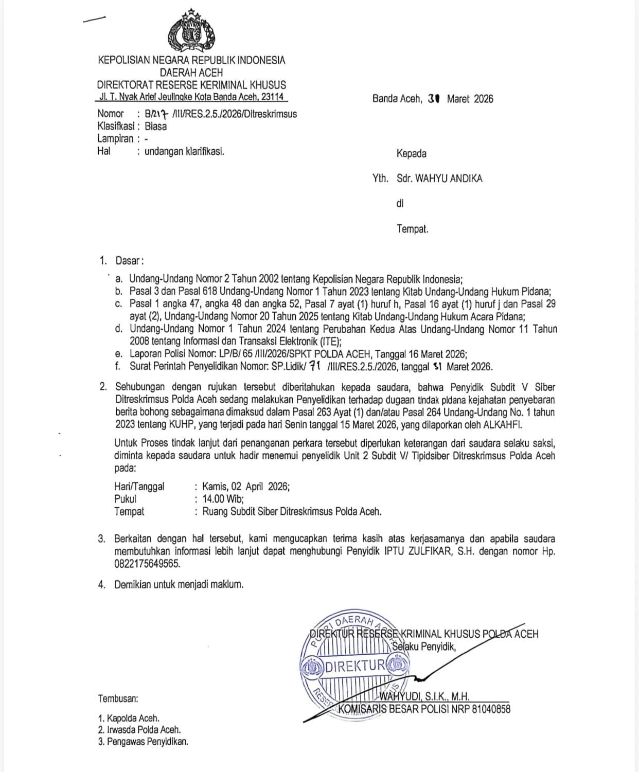 PWI Aceh Tolak Pemanggilan Wartawan Bithe.co oleh Polda Aceh