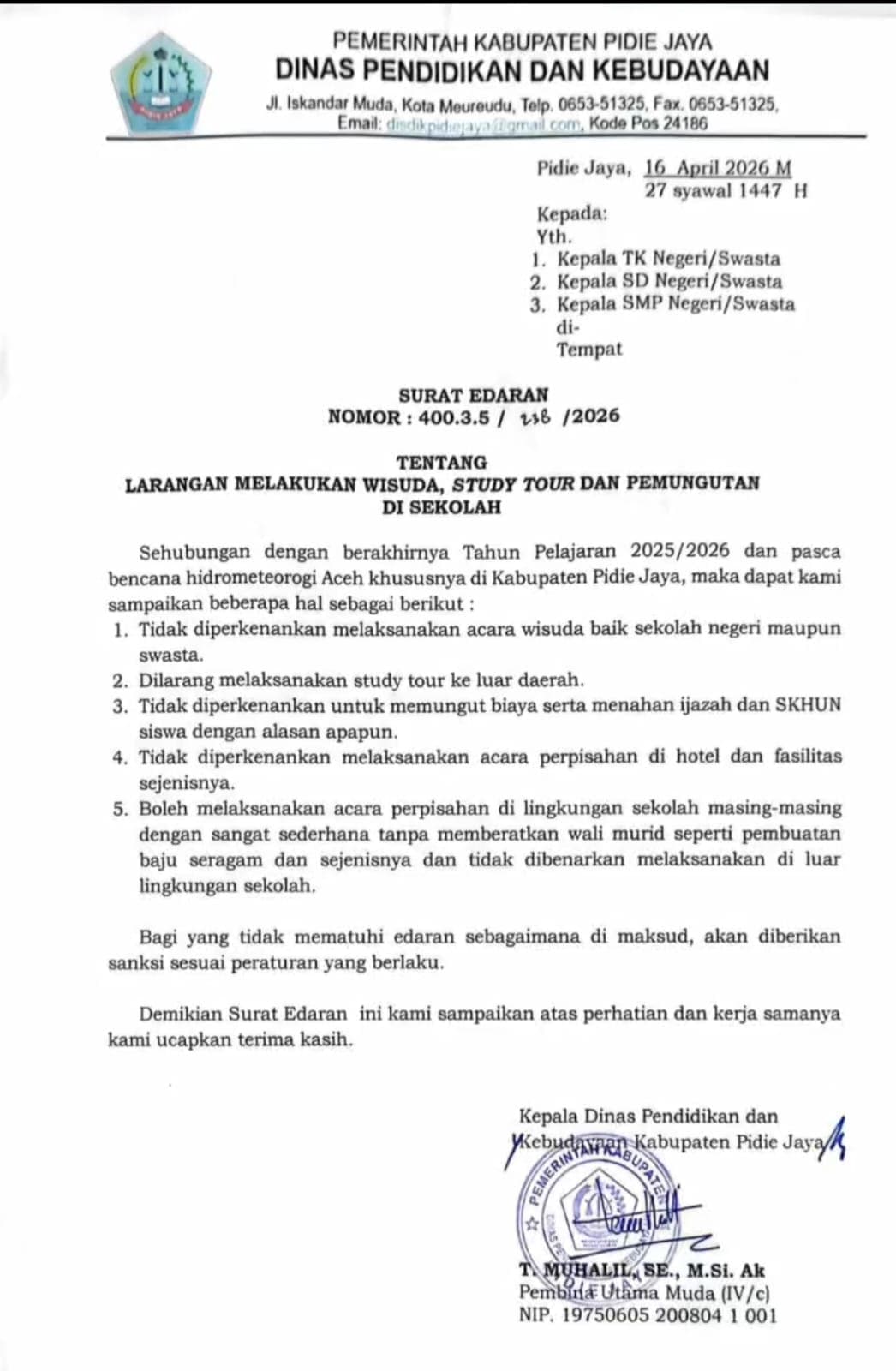 Disdik Pidie Jaya Larang Study Tour, Wisuda, dan Pungutan Sekolah untuk Ringankan Beban Warga