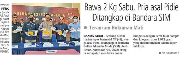 Buruh Pidie Tangkap Sabu 2 Kg di Bandara SIM, Ancam Hukuman Mati