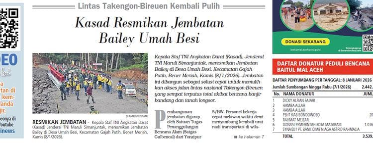 Jembatan Bailey Umah Besi Pulihkan Akses Takengon-Bireuen Pasca Bencana