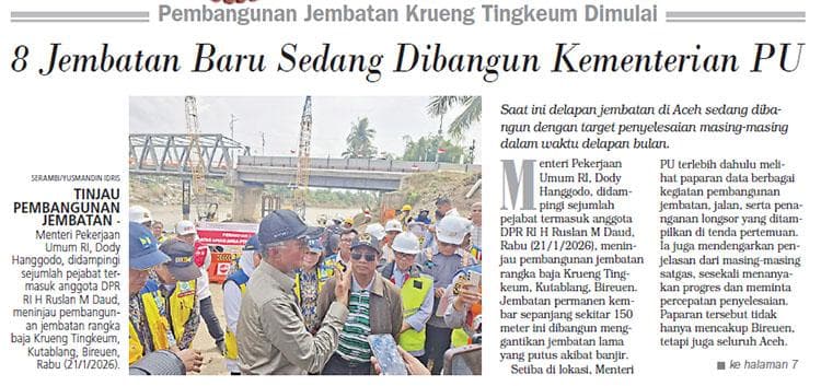 8 Jembatan Baru Aceh Dibangun, Krueng Tingkeum Prioritas untuk Logistik