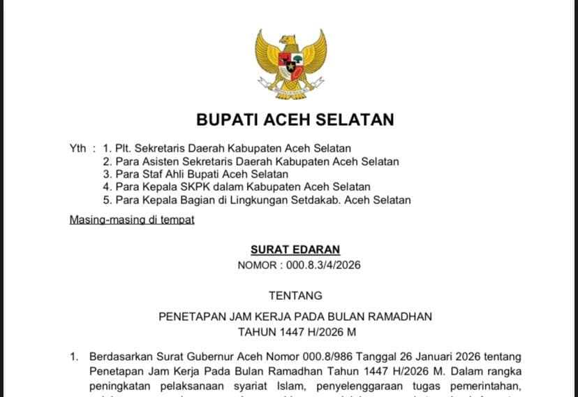 Pemkab Aceh Selatan Sesuaikan Jam Kerja ASN di Bulan Ramadhan 1447 H