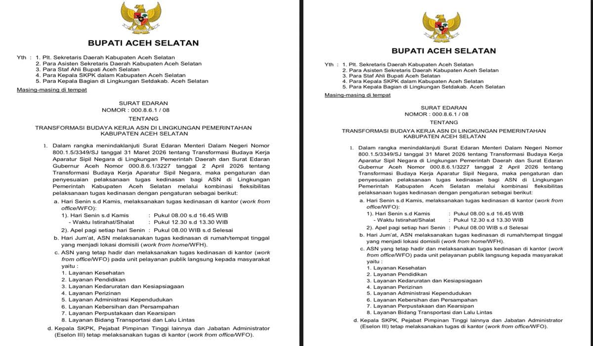 Pemkab Aceh Selatan Terapkan WFH Setiap Jumat, Layanan Publik Tetap Berjalan