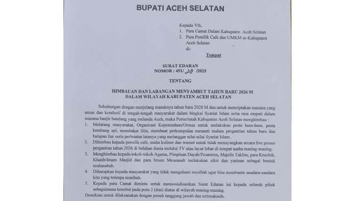 Bupati Aceh Selatan Larang Perayaan Tahun Baru 2026 untuk Tegakkan Syariat Islam