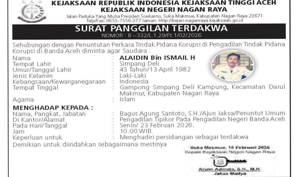 Mantan Keuchik Nagan Raya DPO, Sidang Korupsi Rp445 Juta Ditunda