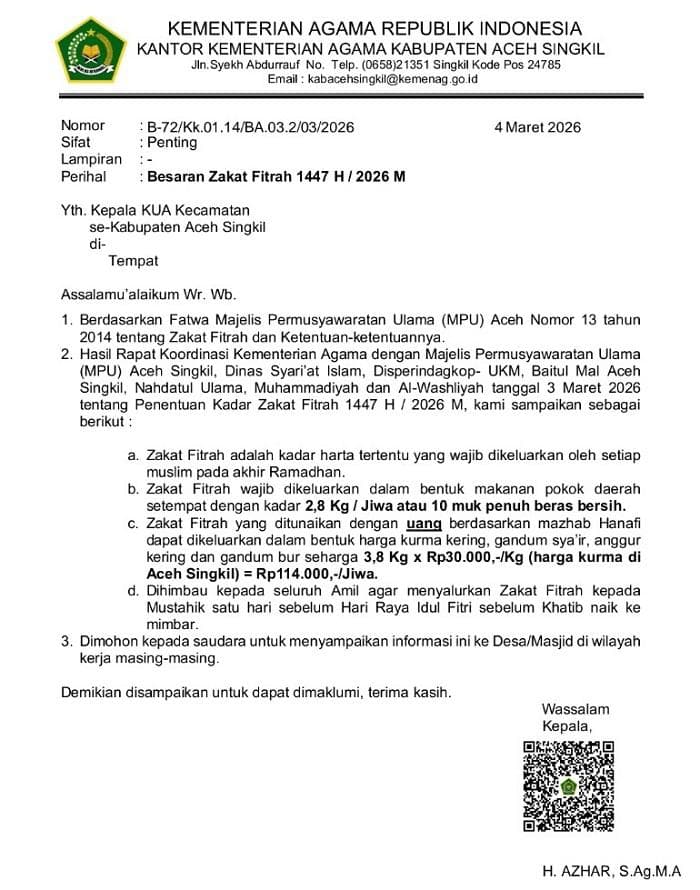 Zakat Fitrah Aceh Singkil 2026: Rp114.000 per Jiwa, Pakai Harga Kurma