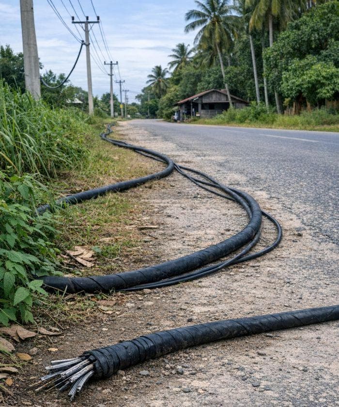 Kabel PLN Tegangan Tinggi Menjuntai di Jalan Makam Syahid Aceh Timur, Warga Khawatir