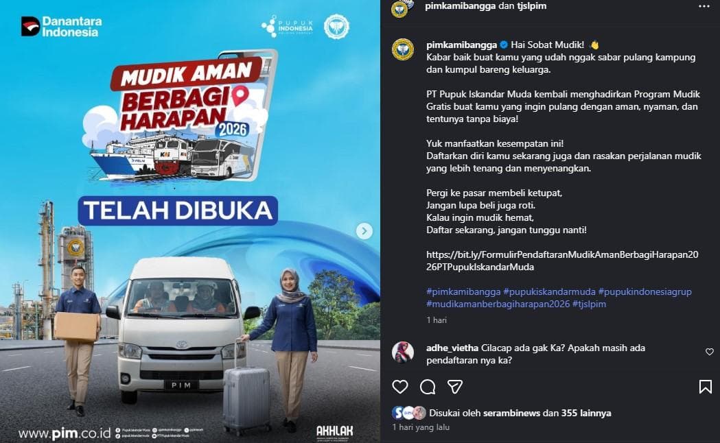 PT PIM Buka Pendaftaran Mudik Gratis 2026 untuk Warga Aceh dan Medan