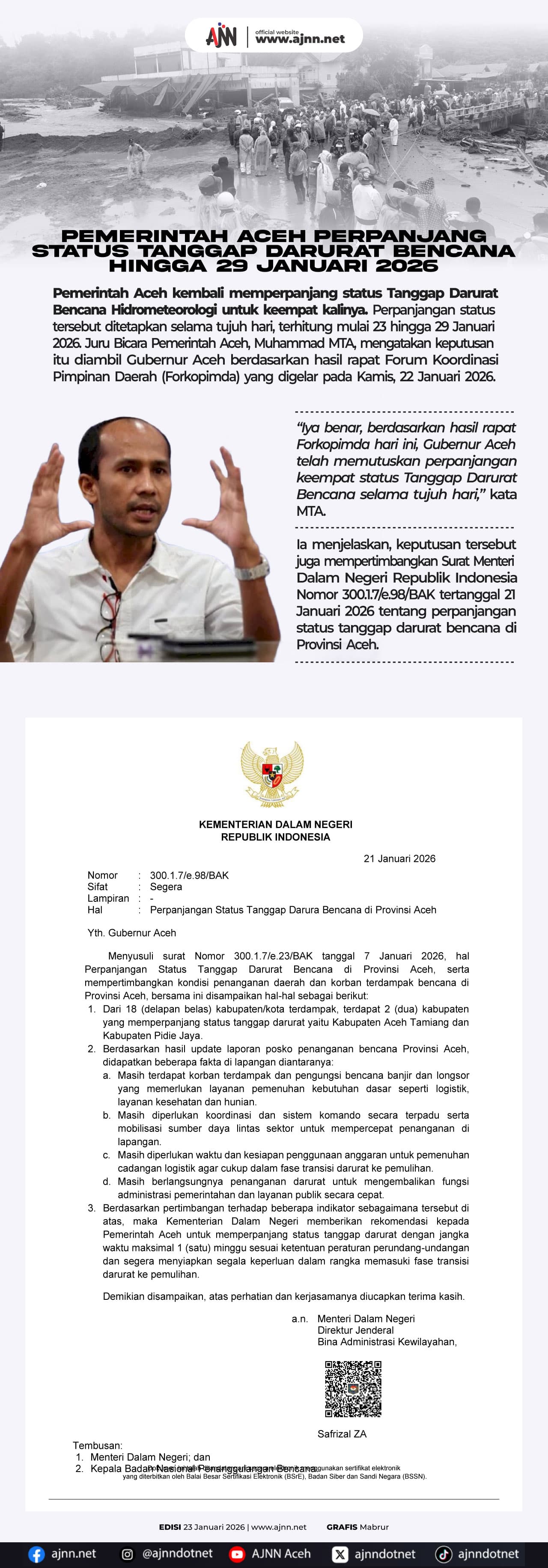 Pemerintah Aceh Perpanjang Status Tanggap Darurat Bencana hingga 2026