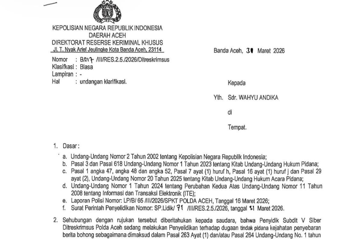 Polda Aceh Panggil Wartawan Bithe.co untuk Klarifikasi Pemberitaan